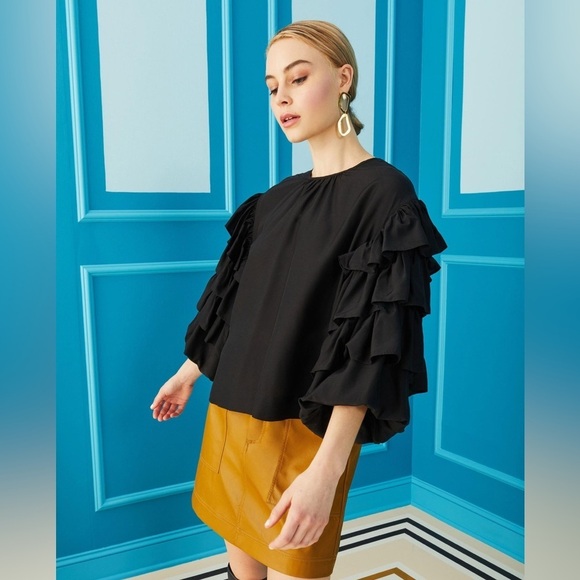 Marie Oliver Tops - Marie Oliver Ferne Top | Black Ruffle Puff Sleeve Blouse | Silk Blend | Size S